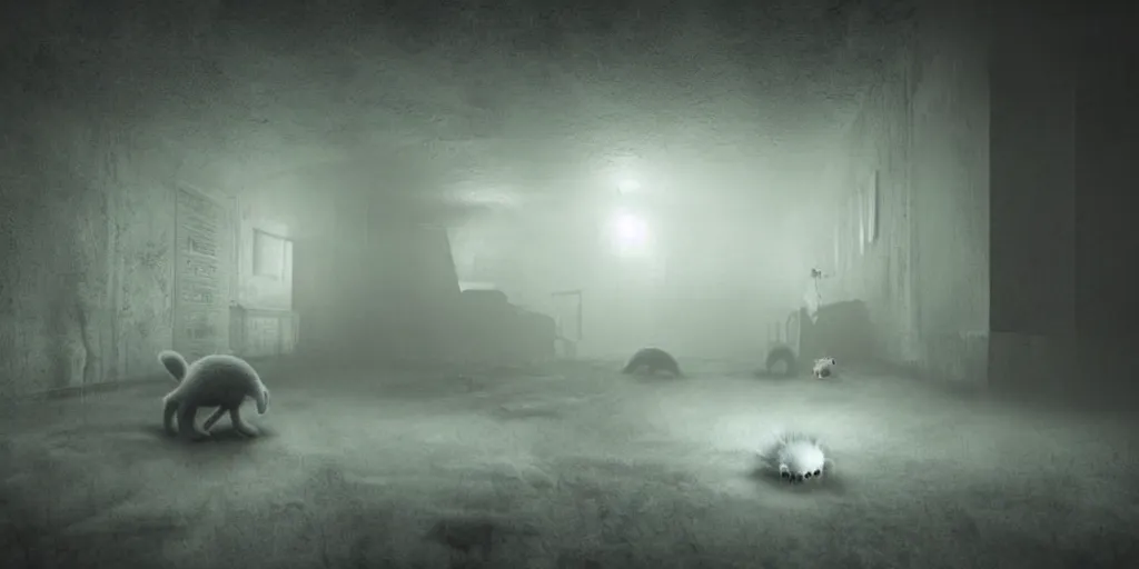 Prompt: small white hairy creatures under the floor boards, critters, scary, creepy, unsettling, dark, night time, cinematic lighting, volumetric fog