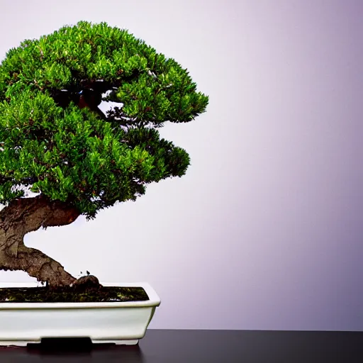 Image similar to bonsai tree, cyprus, in a black pot with white background, viewed from 35 degrees, detailed matte painting