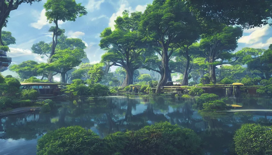 Image similar to futuristic city with a pond, beautiful ancient trees, hiding large treasure chest, serene evening atmosphere, soft lens, soft light, cel - shading, animation, in the style of cgsociety, deviantart, artstation, zbrush, cinema 4 d, studio ghibli, akihiko yoshida, atelier lulua, masamune shirow