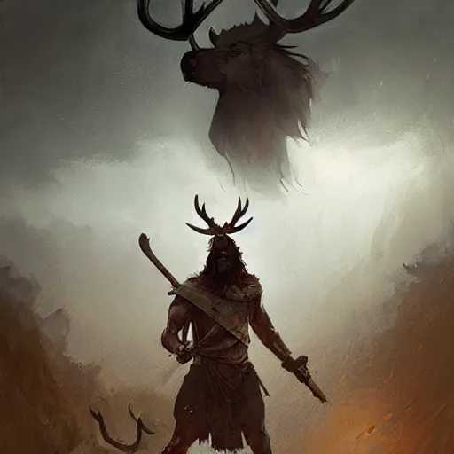 Image similar to one - legged barbarian with moose head by greg rutkowski