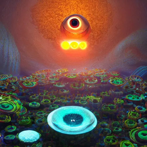 Image similar to fourth dimension, expressive eyes, floating, rbc, bunny, radiolaria, protophyta, micro - organisms, center frame, symmetric, rim light, marine microbiology, bioluminescence, electric, fur, soft, concept art, intricate details, highly detailed, colorful, photorealistic, disney pixar, octane render, iridescent, anime