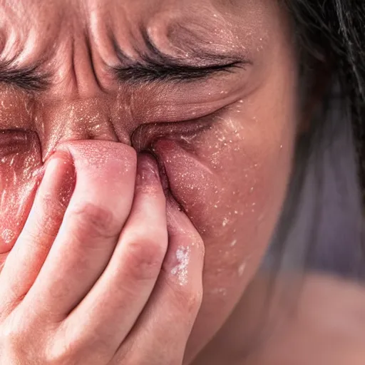 Prompt: first - person close - up photograph of a crying woman, 4 k, professional photography