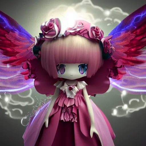 Prompt: cute fumo plush of a divine angel, gothic maiden, ribbons and flowers, ruffled wings, feathers raining, particle simulation, clouds, vray, outline glow lens flare