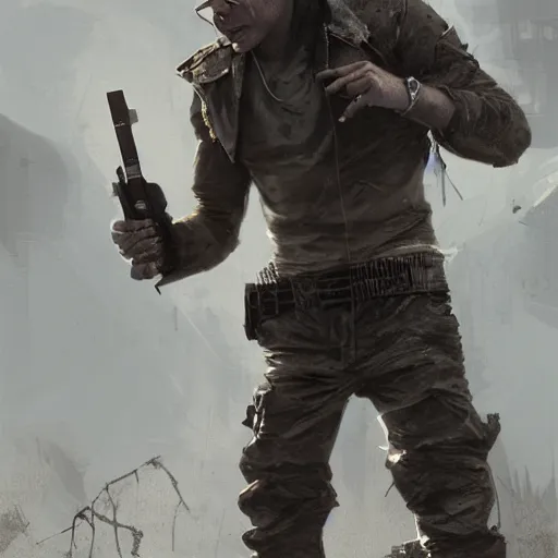 Prompt: pitbull the rapper in a post apocalyptic wasteland holding a microphone, by cedric peyravernay, highly detailed, excellent composition, photorealistic, cinematic concept art, dramatic lighting, trending on artstation