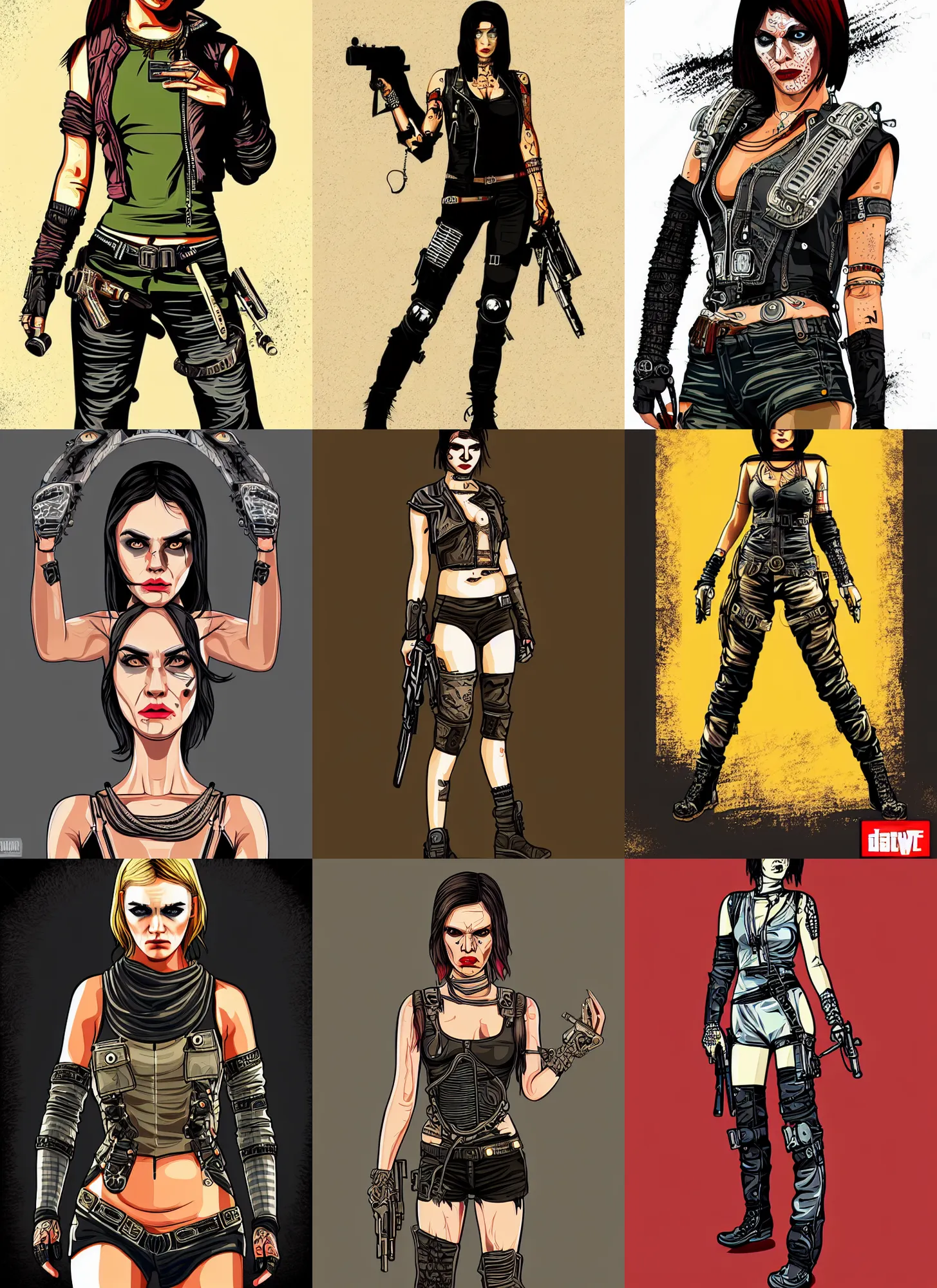 Prompt: detailed full body concept, mad max female with beautiful face and eyes wearing intricate clothing, in the style of a gta artwork, vector art