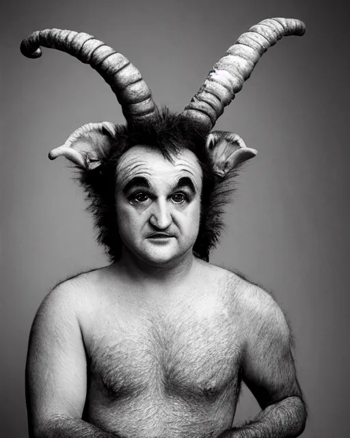 Image similar to actor John Belushi in Elaborate Pan Satyr Goat Man Makeup and prosthetics designed by Rick Baker, Hyperreal, Head Shots Photographed in the Style of Annie Leibovitz, Studio Lighting