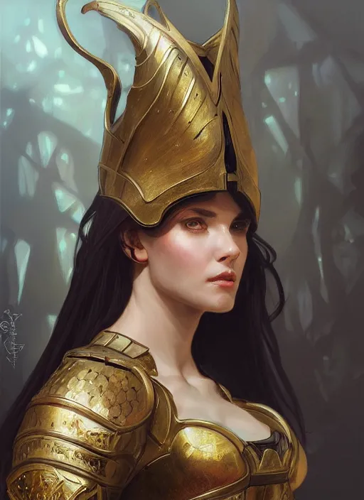 Image similar to portrait of knight, elegant, intricate, headshot, highly detailed, digital painting, artstation, concept art, sharp focus, illustration, art by artgerm and greg rutkowski and alphonse mucha