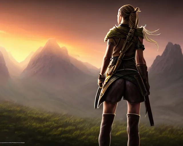 Prompt: fantasy female ranger, back view, close up, backpack, no weapons, beautiful, extremely detailed, road, sunrise, mountains in the distance, concept art, color page, tone mapping, akihiko yoshida, james jean, andrei riabovitchev, marc simonetti, digital illustration, greg rutowski, volumetric lighting, sunbeams, particles