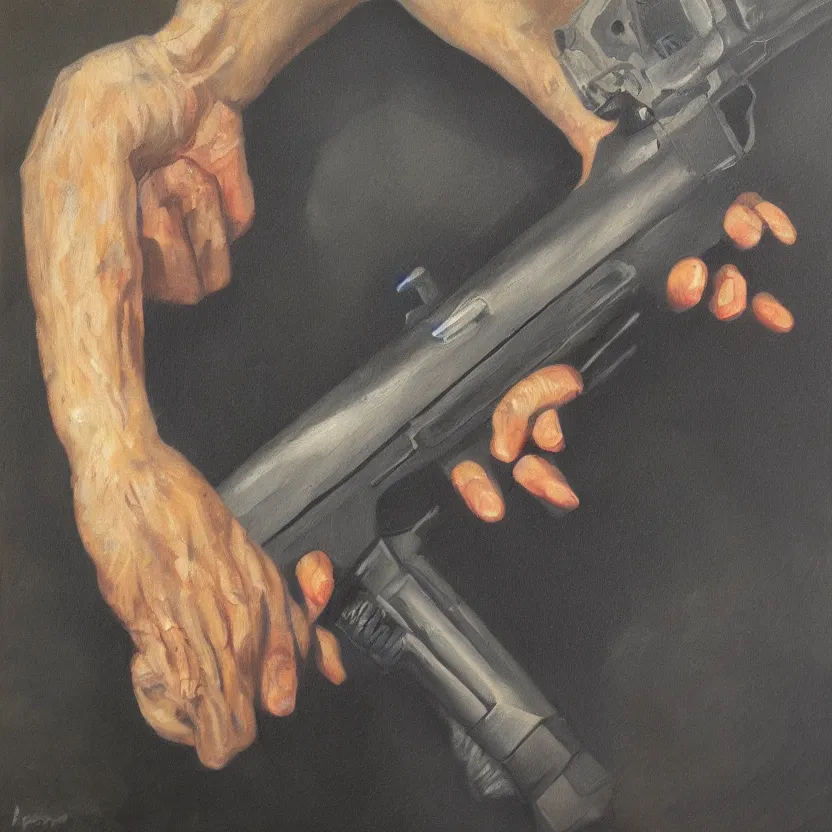 Image similar to oil painting of a human hand holding a gun