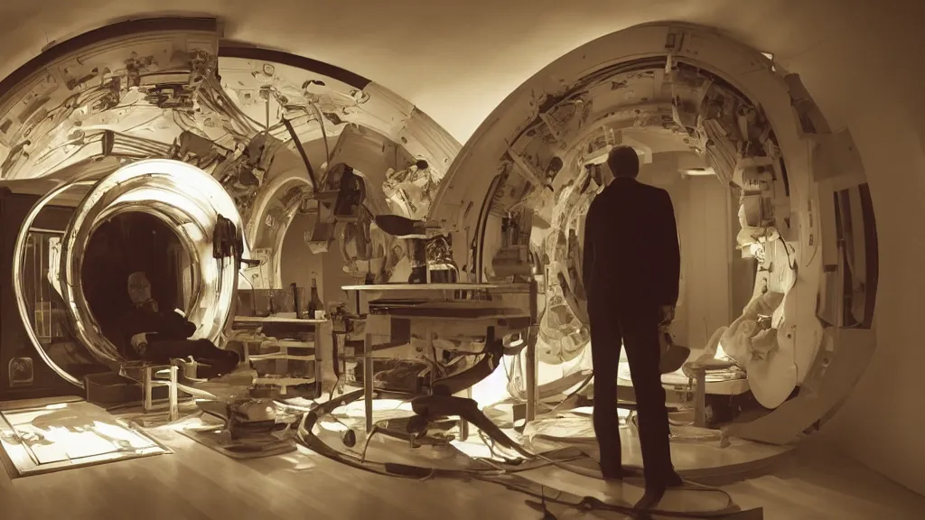 Image similar to an mri section of james cavell in the living room, film still from the movie directed by denis villeneuve with art direction by salvador dali, wide lens