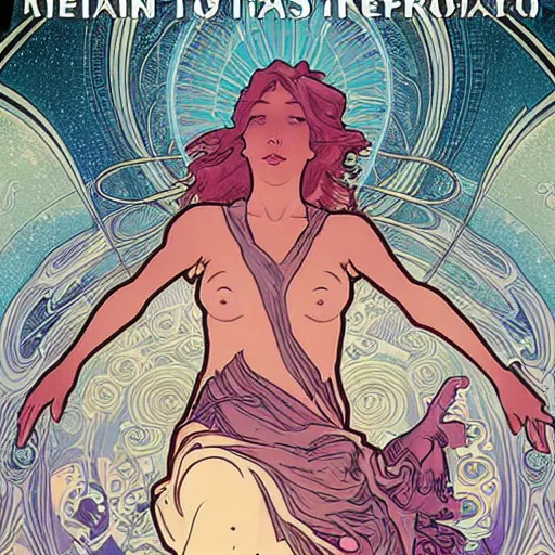 Prompt: a woman leaving her body, astral projection, astral travel, space background, cinematic, detailed, very realistic, by Alphonse Mucha, Moebius, Laurie Greasley