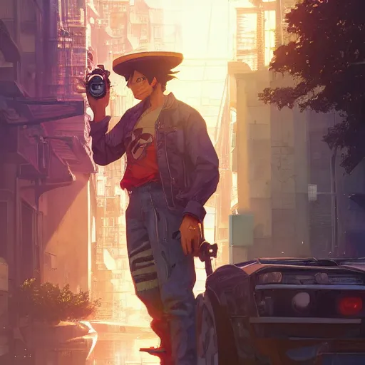 Image similar to highly detailed portrait 🤖 luffy in gta v, stephen bliss, unreal engine, fantasy art by greg rutkowski, loish, rhads, ferdinand knab, makoto shinkai and lois van baarle, ilya kuvshinov, rossdraws, tom bagshaw, global illumination, radiant light, detailed and intricate environment