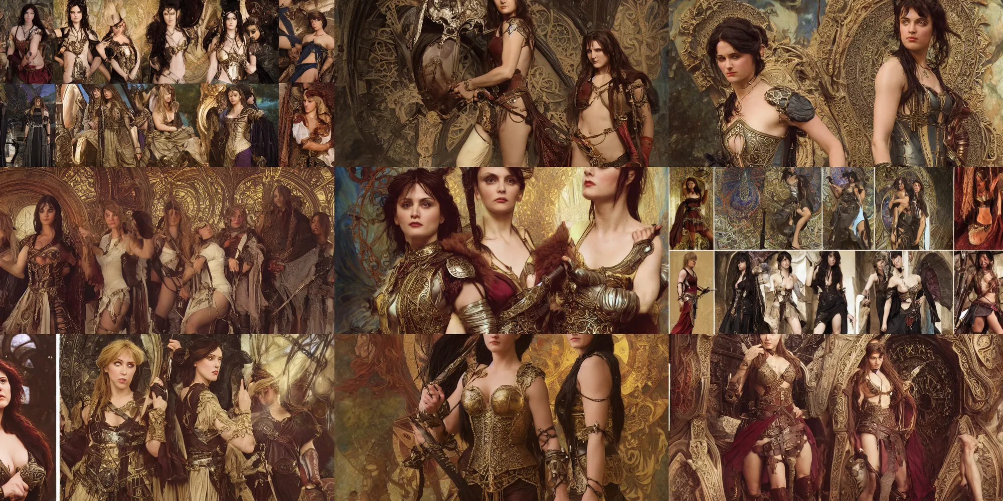 Prompt: paintings of cinematic stills from the xena warrior princess and prince of persia crossover, gothic and victorian and roman architecture, intricate jewelry, vests, corsets, kneehigh boots, ornate, filigree, bloom, rim lighting, cinematic lighting, god rays, by mucha, by bouguereau, artstation, cgsociety, rendered in octane.