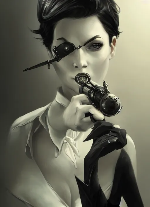 Prompt: a highly detailed illustration of short black haired woman wearing black eyepatch and noir style suit and tie, dramatic smoking pose, intricate, elegant, highly detailed, centered, digital painting, artstation, concept art, smooth, sharp focus, league of legends concept art, WLOP