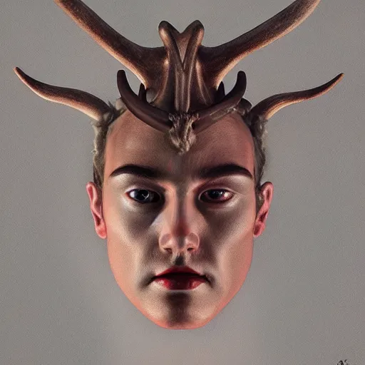 Prompt: Dramatic portraiture of Uuen, the Pictish god of stags, mixed media, trending on ArtStation, by George Ault and ArtGerm and Lucian Freud, luminism