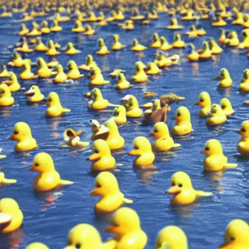 Prompt: a thousand burning rubber ducks, 1964 photo