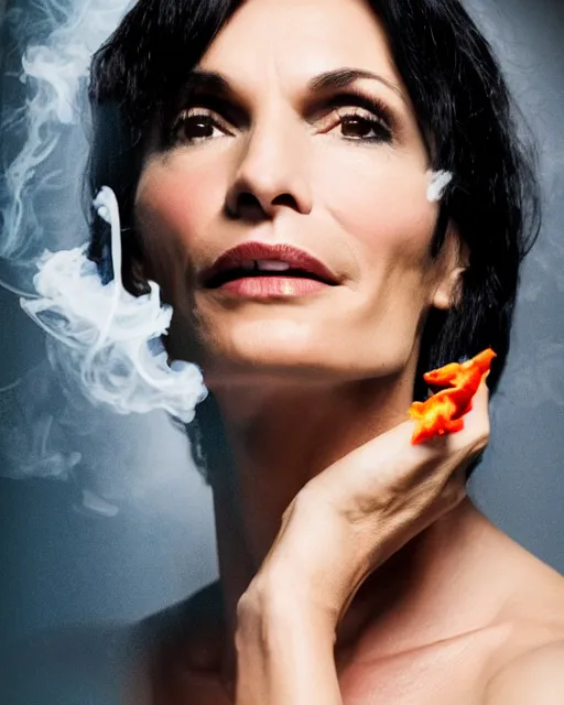 Prompt: Famke Janssen, neon lights and colorful smoke, Hyperreal, Head Shots Photographed in the Style of Annie Leibovitz, Studio Lighting