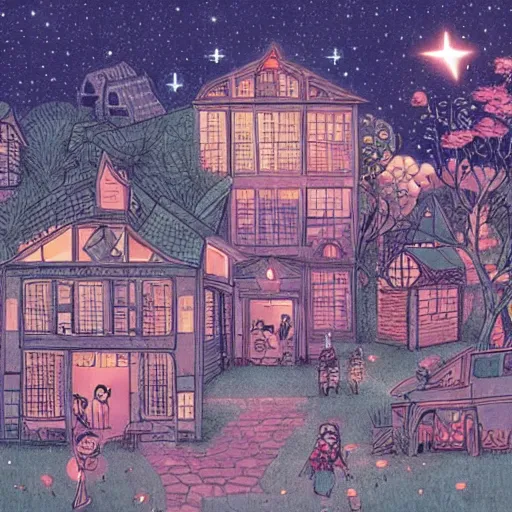 Prompt: quaint glass house village in the stars, james jean illustration