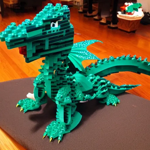 Image similar to “fire breathing dragon made from Lego”