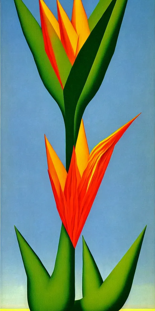 Image similar to geometric painting of birds of paradise by rene magritte