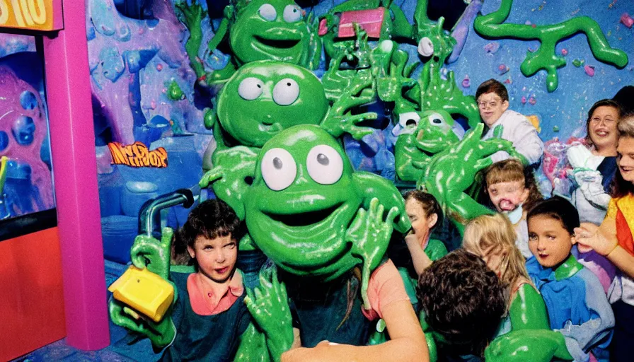 Prompt: 1990s photo of inside the Nickelodeon Blockbuster Gameboy Slime Show ride at Universal Studios in Orlando, Florida, children riding a VHS tape through a slime Muppet tamagotchi town, cinematic, UHD