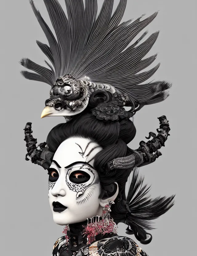 Image similar to 3 d goddess close - up profile portrait punk with mohawk in victorian style with ram skull. beautiful intricately detailed japanese crow kitsune mask and clasical japanese kimono. betta fish, jellyfish phoenix, bio luminescent, plasma, ice, water, wind, creature, artwork by tooth wu and wlop and beeple and greg rutkowski