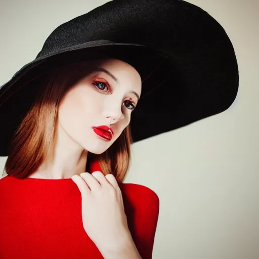 Image similar to fine art portrait photography half - length portrait of stunning girl in a red hat and black dress, kodak portra 4 0 0, 8 k, soft light, volumetric lighting, highly detailed,,