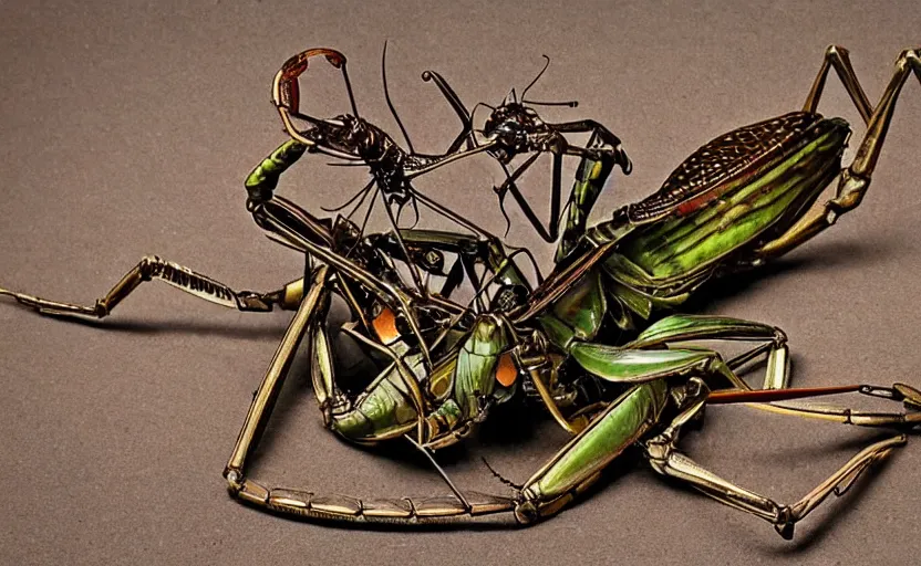 Prompt: mechanical praying mantis with small parts and intricate details, metal scapes, steampunk, art nouveau style