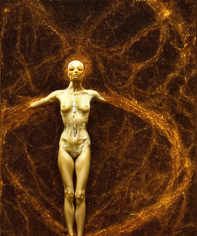 Prompt: Beautiful full-body wax sculpture of glowing transparent woman with visible gold bones covered with melted white wax inside the singularity where stars becoming baroque folds of dark matter by Michelangelo da Caravaggio, Nicola Samori, William Blake, Alex Grey and Beksinski, dramatic volumetric lighting, highly detailed oil painting, 8k, masterpiece