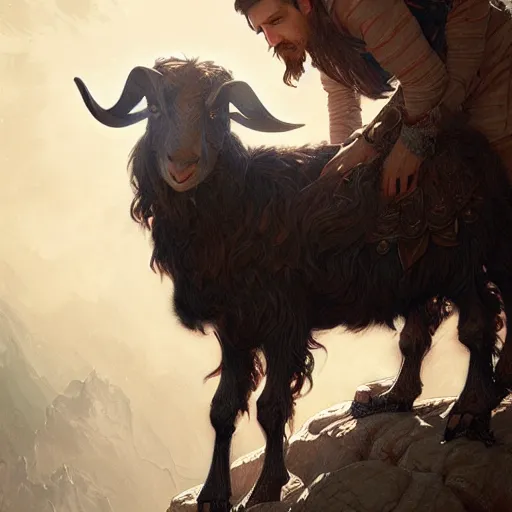 Prompt: Lionel Messi standing beside a goat, D&D, fantasy, intricate, elegant, highly detailed, digital painting, artstation, concept art, matte, sharp focus, illustration, art by Artgerm and Greg Rutkowski and Alphonse Mucha