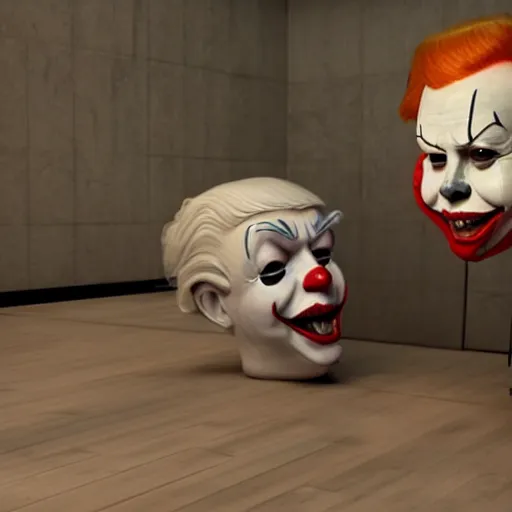 Image similar to Donald Trump with Pennywise body, realistic artstyle, wide shot, dramatic lighting, octane render, hyperrealistic, high quality, highly detailed, HD, beautiful, cinematic, 8k, unreal engine, facial accuracy, symmetrical