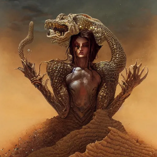 Image similar to a hyperrealistic illustration of a scaly monster covered in sand, sand flowing from the monsters body, desert with rocks with fractal sunlight, award-winning, masterpiece, in the style of Tom Bagshaw, Cedric Peyravernay, Peter Mohrbacher