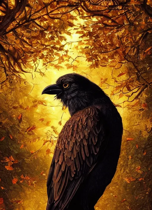 Image similar to golden leaves at frame border, creative!!! composition for a book cover, absurdly beautiful, ultrafine hyperrealistic detailed crow face by wlop and artgerm and greg rutkowski, intricate linework, sharp focus, smooth, octopath traveler, final fantasy, unreal engine, dramatic lighting, ethereal, 8 k