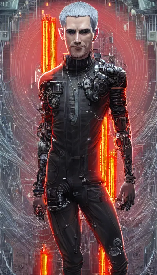 Image similar to full body head to toe portrait of a cyberpunk sci-fi cyborg netrunner bionic man, third person, D&D, sci-fi fantasy, matrix , intricate, black with shiny silver and orange fringe highlights, highly detailed, art by Range Murata, highly detailed, 3d, octane render, bright colors, digital painting, trending on artstation, sharp focus, illustration style of Stanley Artgerm, dramatic background