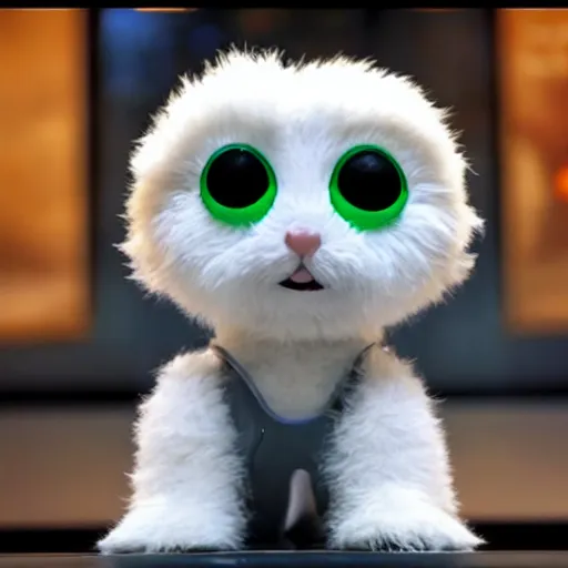 Prompt: < movie - still type = 3 d attention - grabbing > adorable fluffy robot looks up hopefully and curiously < / movie - still >