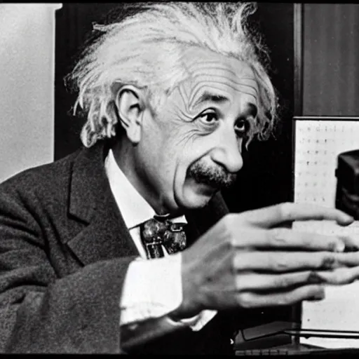 Prompt: vintage photo of albert einstein playing roblox, roblox shown on the computer, einstein pointing at the computer, circa 1 6 0 0, award - winning shot