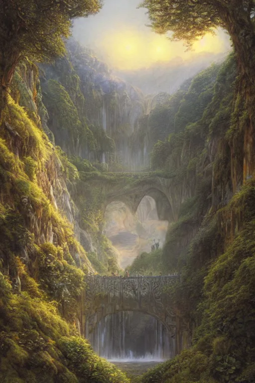 Image similar to beautiful detailed matte painting of Rivendell at the gorge, evening, Alan Lee, Artstation