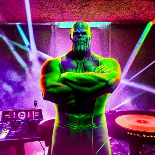 Image similar to photo of Thanos is djing at an underground warehouse rave, he is looking very worried. award winning, atmosphere, coloured lasers and stage lighting, stage smoke, 1x