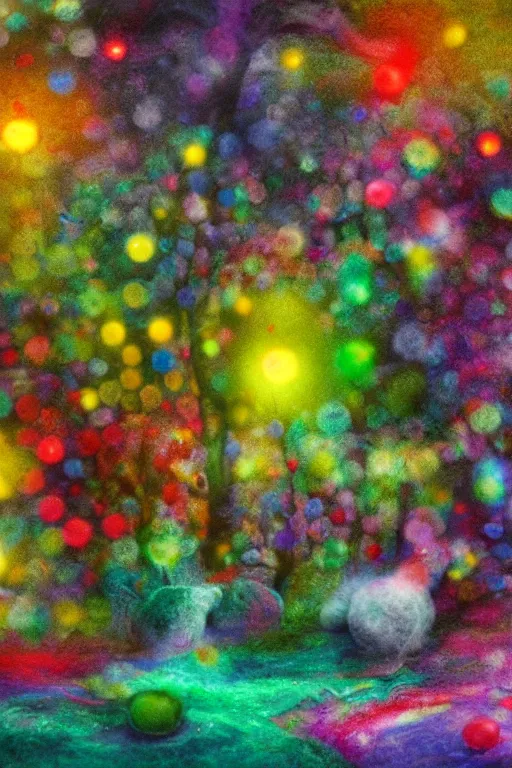 Image similar to a matte digital painting of a candy forest at night, bokeh, bright colours, watercolor, volumetric wool felting, macro photography, children illustration, by alex grey