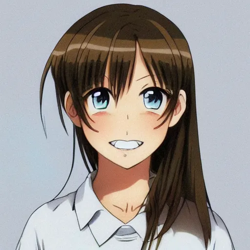 Prompt: A medium shot anime portrait of a happy light brown-haired brunette anime woman with blue eyes, a single short ponytail, parted light brown hair, bare forehead, blue-eyed, bright blue eyes, big bold thick eyebrows, thick jawline, uniform teeth, big lips, round face, big round nose, closed lips, wearing a t-shirt, solid blue background, by Stanley Artgerm Lau, WLOP, Rossdraws, James Jean, Andrei Riabovitchev, Marc Simonetti, and Sakimi chan, trending on artstation