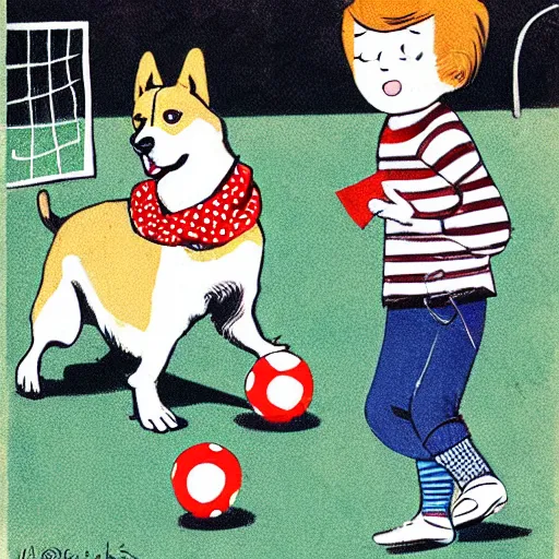 Image similar to book illustration of a french boy on the streets of paris playing football against a corgi, the dog is wearing a polka dot scarf, 1 9 6 6