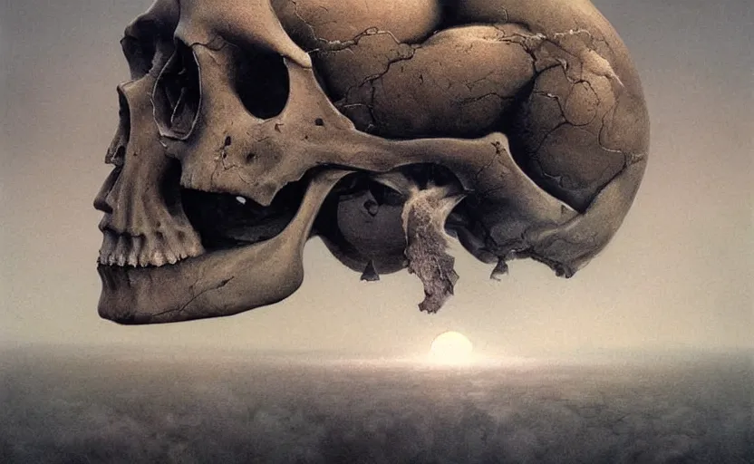 Prompt: a surrealistic painting of a human skull and the slate theory origin, in the style of zdzislaw beksinski, digital art, detailed masterpiece