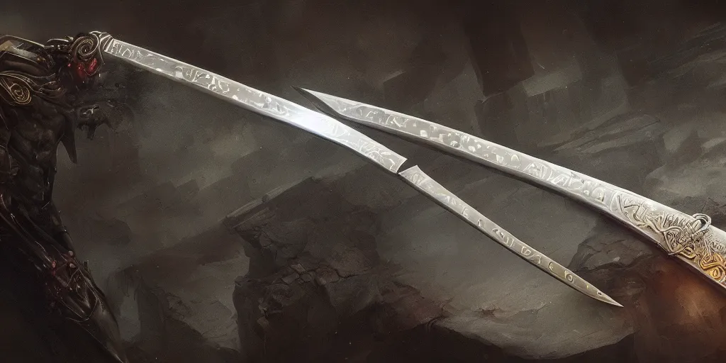 Image similar to legendary cybernetic sword lying flat on a glowing table with a long sharp black and iridescent sword blade, digital award winning hd matte painting, intimate dark moody, intricate, ornate spikes, colorful hilt, detailed realistic, raytraced blade, colored gems, future golden technological pommel, in the style of greg rutkowski and krenz cushart, deviantart