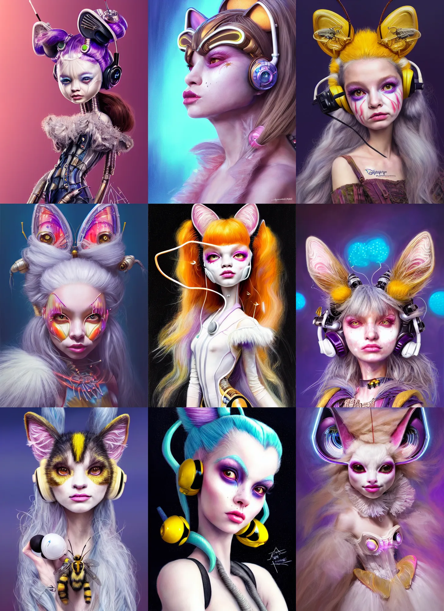 Prompt: disney weta portrait, soft lustrous biotech raver white clowncore bumblebee kitty cyborg, earbuds, hi - fructose, sci - fi, fantasy, cyberpunk, intricate, decadent, highly detailed, digital painting, ever after high, octane render, artstation, concept art, smooth, sharp focus, illustration, art by artgerm, loish, wlop