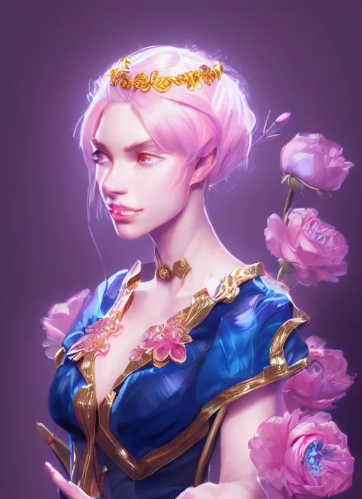 Prompt: female magician, wide angle view, flowers, blue, black, pink, gold, diamonds, highly detailed, artgerm, cushart krenz, artstation, soft light, sharp focus, illustration, character design, concept art