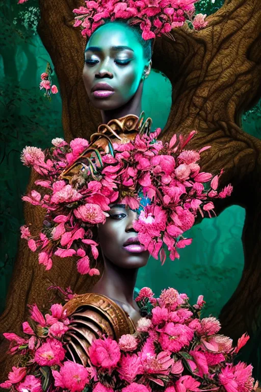 Image similar to hyperrealistic neo - rococo cinematic super expressive! yoruba goddess with exoskeleton armor, merging with tree in a forest, pink red flowers, highly detailed digital art masterpiece, smooth cam de leon eric zener dramatic pearlescent soft teal light, ground angle hd 8 k, sharp focus