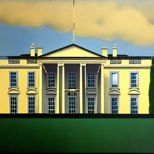 Image similar to painting of the white house by rene magritte, hd, 4 k, detailed, award winning