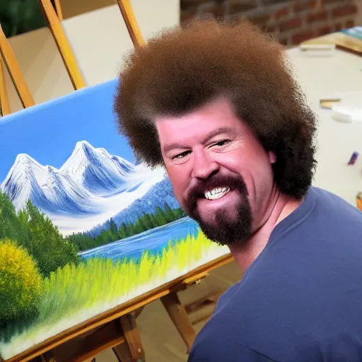 Image similar to a closeup photorealistic photograph of bob ross putting the finishing touches on a canvas painting of kenny powers. mountains and trees. film still. brightly lit scene. this 4 k hd image is trending on artstation, featured on behance, well - rendered, extra crisp, features intricate detail, epic composition and the style of unreal engine.