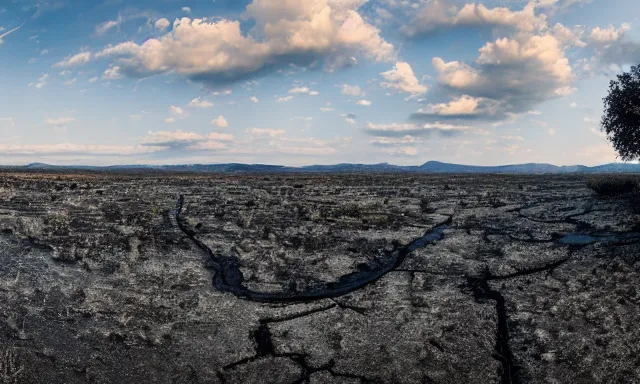 Image similar to beautiful panorama of many magnificent big raindrops flying upwards into the perfect cloudless blue sky from a dried up river in a desolate land, dead trees, blue sky, hot and sunny highly-detailed, elegant, dramatic lighting, artstation, 4k, cinematic landscape, masterpiece photograph by Elisabeth Gadd