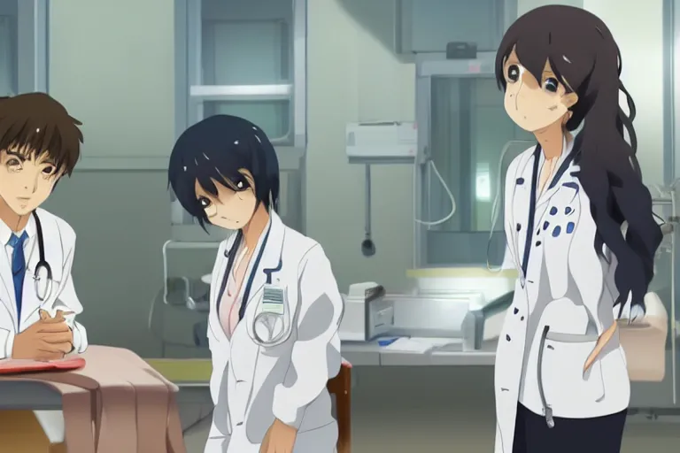 Image similar to a cute young female doctor wearing white coat are talking with an old surgeon in a hospital, slice of life anime, lighting, anime scenery by makoto shinkai